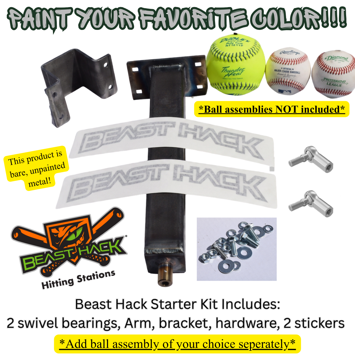 Backyard Beast Hack Starter Kit with bare metal arm weldment, swivel bearings, hardware and stickers