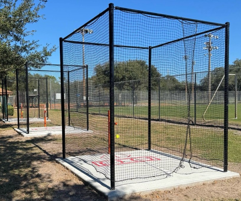 Three Beast Hack hitting stations with netting enclosures at Red Bug Lake Park in Casselberry, Florida
