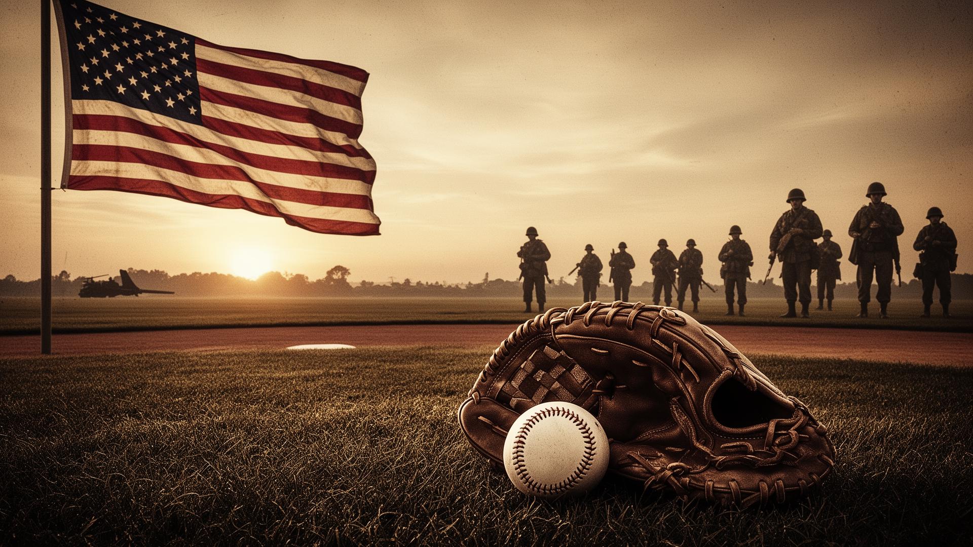 American flag, baseball glove and ball at dawn on a field with WWII soldier silhouettes, a tribute to Major League players who served