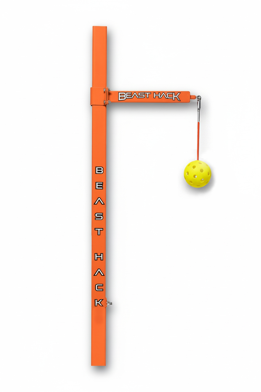 Beast Hack® Pickleball Permanent Hitting Station with 6-foot upright, arm, and ball assembly installed outdoors